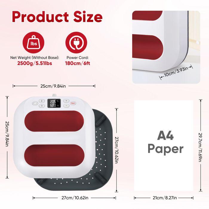Presse a Chaud Textile, Machine Impression Textile 22.5cm*22.5cm, Mini Presse à Chaud avec Minuterie, Temperature Control