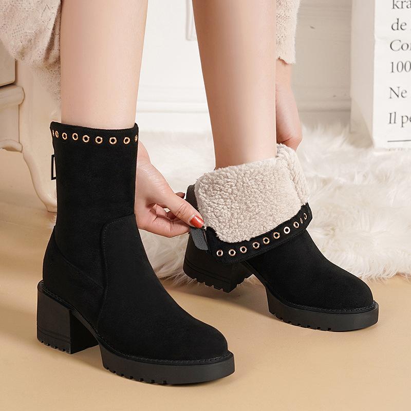 Coarse Heel Fashion Boots 2025 Autumn and Winter Cotton Shoes Piled Thickened Fashion Boots Platform Women's Shoes Winter Super Fire High Heel Short B