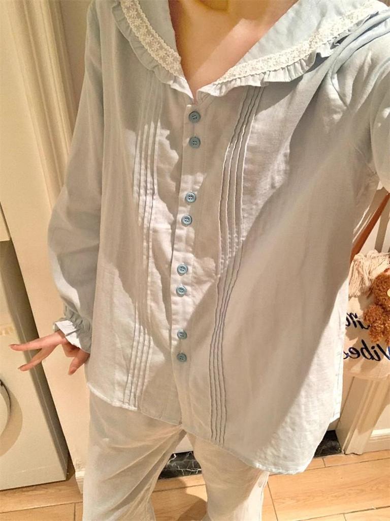 Spring & Autumn Navy-Style Collar Soft Cotton Pajama Set with Lace