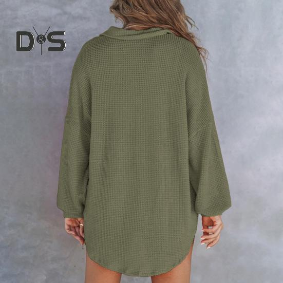 Women Tops Lapel Buttons Half Placket Long Sleeve Pullover Tops Solid Color Waffle Texture Stretchy Blouse Daily Wear