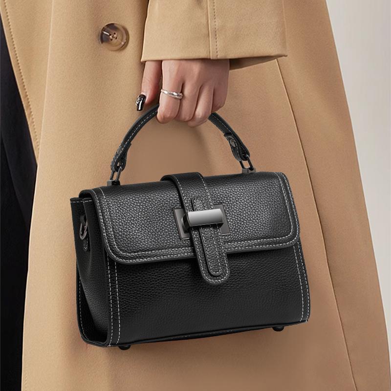 Aidrani 2025 Commuter Litchi Grain High-end Small Shoulder Bag Leather Women's Shoulder Handbag Buckle Black Small Square Bag