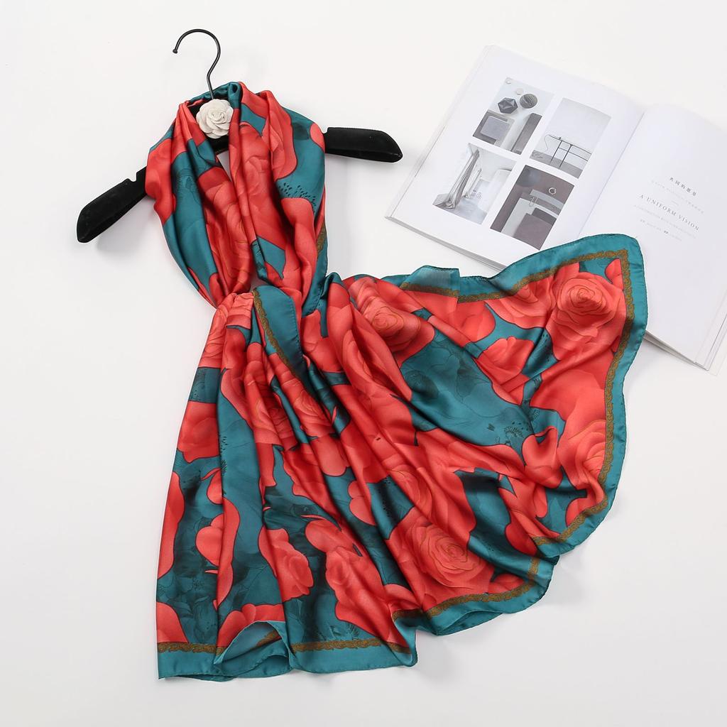 Botanischer Rosenblumen-Blumenschal aus Satin, langer Seidenschal, Geschenk für Mama, Sonnenschutz, Außenschal