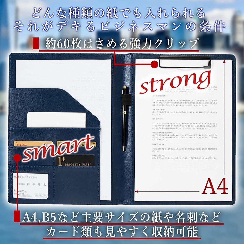 Latuna Binder A4 Clipboard File Clip Gift PU Business Card Holder Pen Holder with Pocket PU Bi-Fold Multi-Function (Navy Blue, Leather)