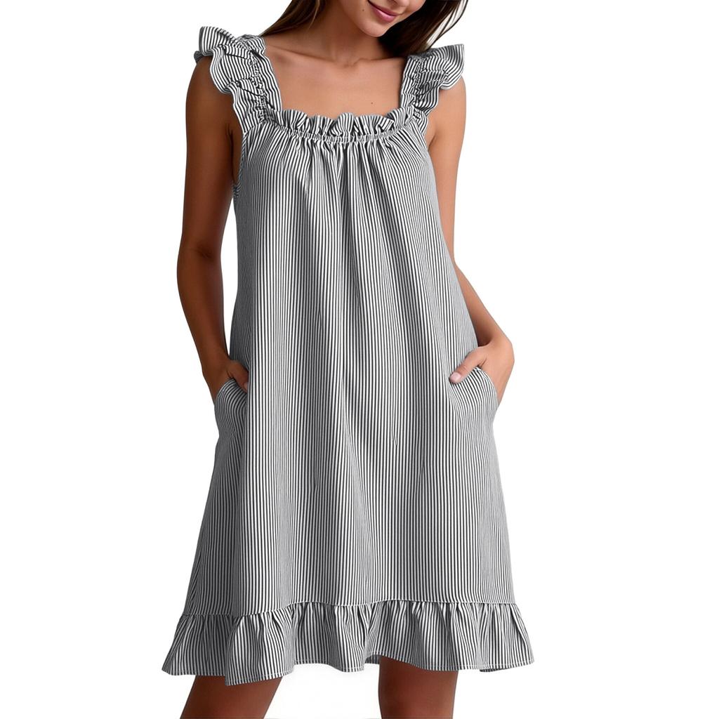 Women's Sleeveless Striped Nightgown with Ruffle Trim and Pockets, Loose Fit Casual Sleep Dress for