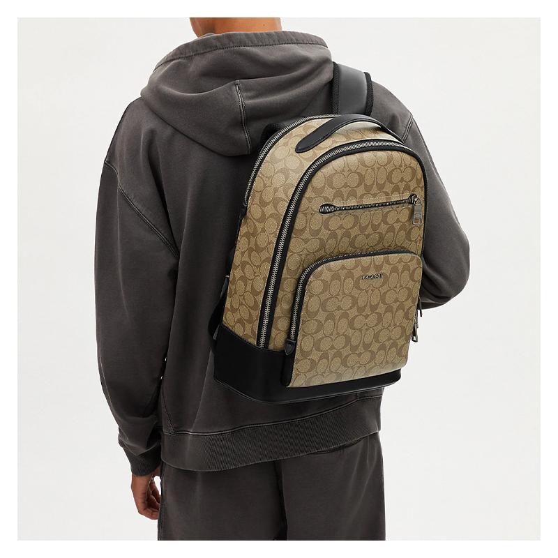 COACH ETHAN 32 Classic Presbyopia Simple Large Capacity Zipper Closure Coated Canvas and Calf Leather School Bag Backpack Backpack Men's Khaki
