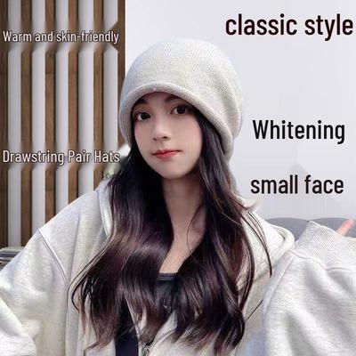 Women's Influencer Beanie: Slimming, Ear-Protecting Wool Hat for Large Heads, Autumn/Winter, Rolled Edge, Drawstring Fit