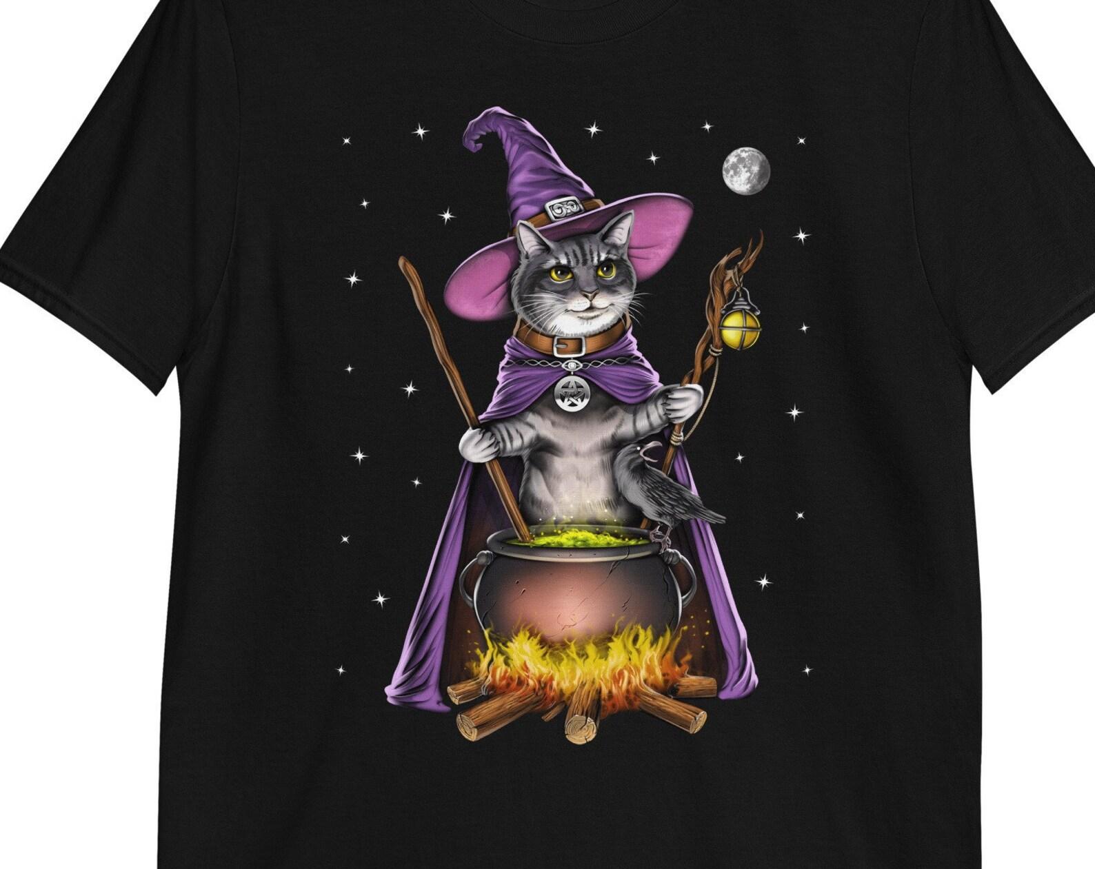Cat Witch T-Shirt, Spooky Wiccan Halloween Tee 100