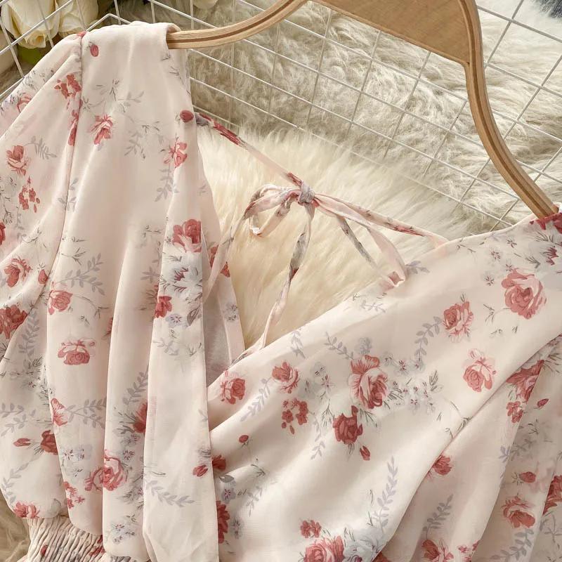 Ladies Beach Vacation Dress Summer Sexy V-Neck Waist Long Chiffon Floral Beach Dresses