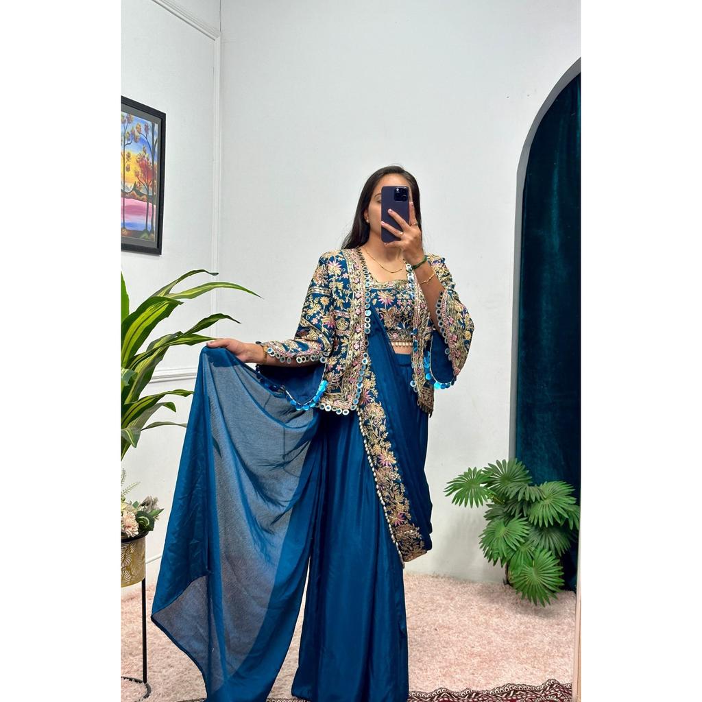 Bollywood Designer Ethnic Saree Blouse with Koti Women Wedding Party Wear Sari