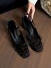 Bow black single shoes back strap bag head sandals women's 2025 new summer wear satin thick heels high heels