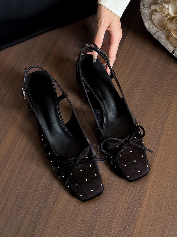 Bow black single shoes back strap bag head sandals women's 2025 new summer wear satin thick heels high heels