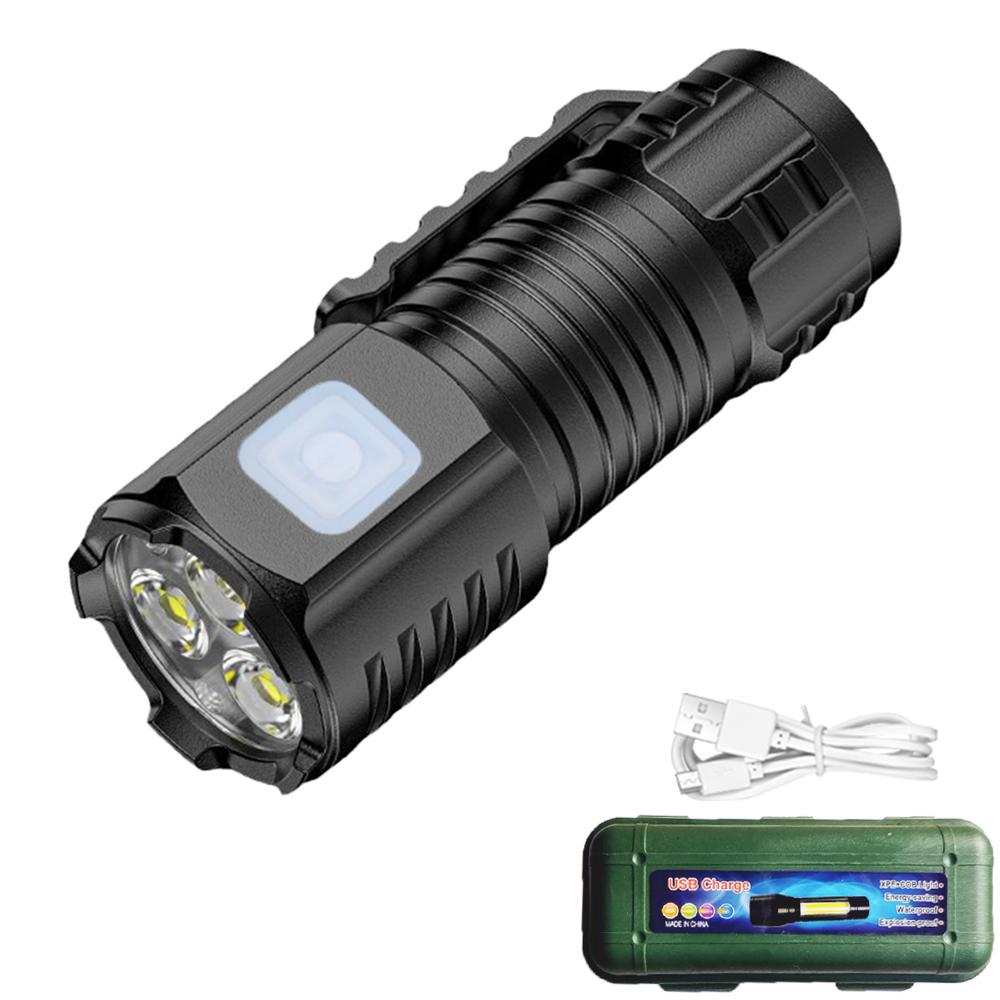 Three Eyed Portable Flashlight USB Rechargeable Lamp with Built in Battery LED Torch Waterproof Outdoor Camping MINI Handlights