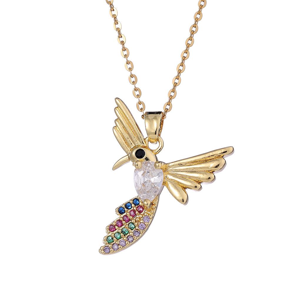 Colorful Zircon Pearl Hummingbird Flying Pendant Necklace Titanium Steel Collarbone Chain Women's Unique Design