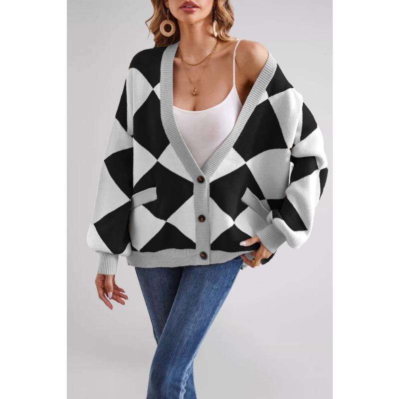 Winter hot sale V-neck rhombus splicing contrasting color loose knitted cardigan jacket women