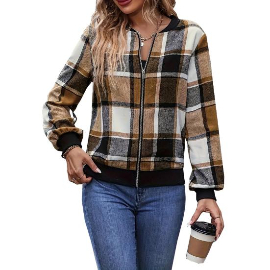 Women Jacket Stand Collar Long Sleeve Zipper Closure Short Jacket Plaid Print Ribbed Hem Cuff Casual Coat Daily Wear