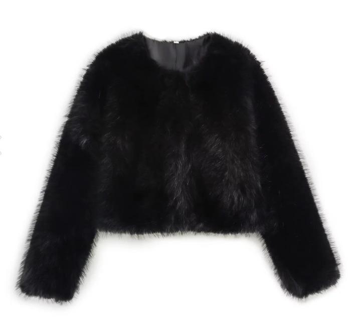Faux Fur Jacket Fashion Women's Faux Fur Effect Round Neck Long Sleeve Short Jacket