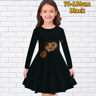 Vestido Casual Infantil com Zíper Estampa de Gato Gola Redonda Manga Longa Vestido de Princesa Infantil