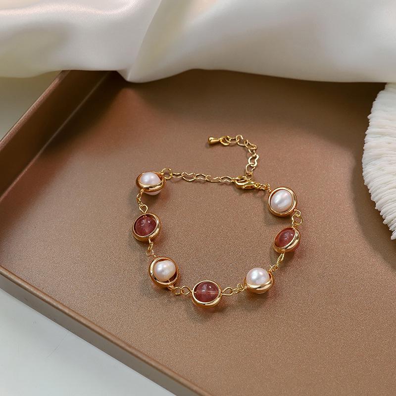Best Selling Natural Freshwater Pearl & Strawberry Quartz 14K Gold Filled Female Charm Bracelet  For Women Gifts No Fade