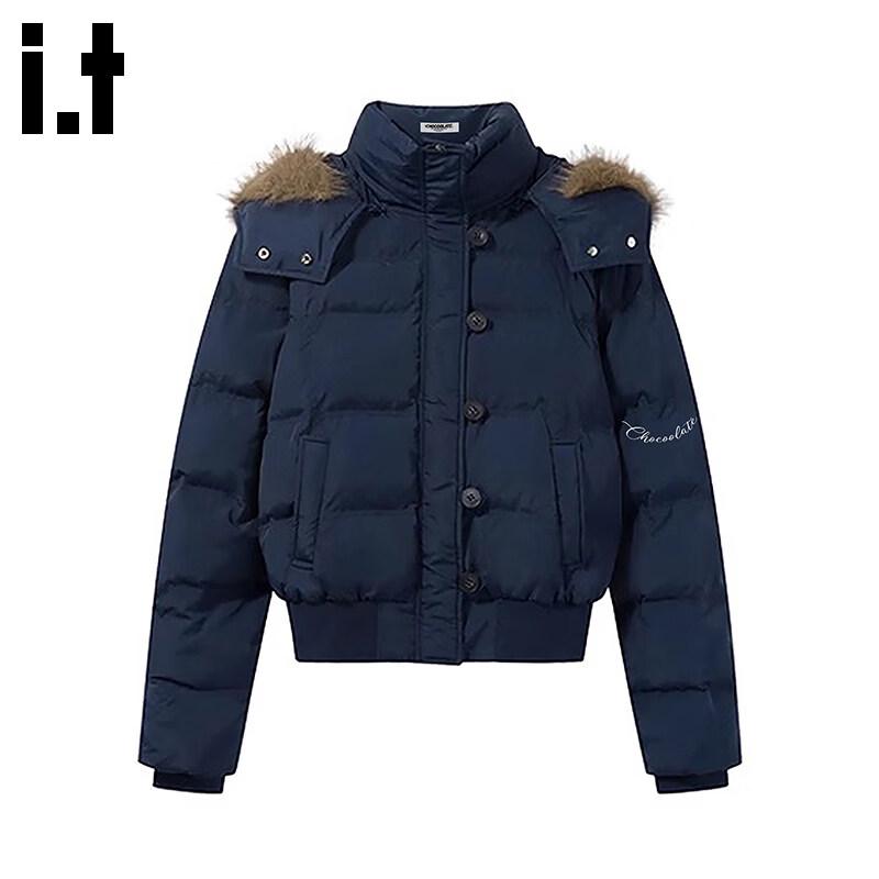 :CHOCOOLATE Women s American Style Detachable Hood Fur Collar Short Cotton Jacket L