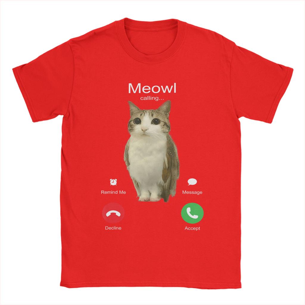 Men TShirt Meowl Is Calling Phone Call Meme Brainrot Funny Cat Owl Cotton Tees Short Sleeve T Shirts Round Neck Clothing