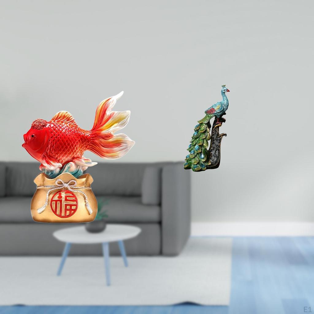 Chinese Feng Shui Koi And Peacock Animal Statue Sculpture Desktop Decoration for Entryway Office