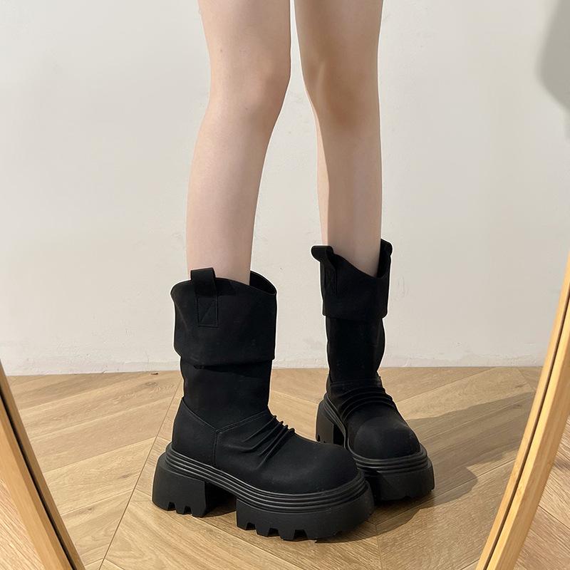 Thick-soled Thin Pleated Martin Boots Women's Spring and Autumn Single Boots New Simple Stacking Boots Heightening Rhubarb Boots