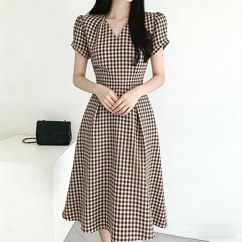 ZANZEA Women Grid Print Casual V-Neck Short Sleeve Dress M