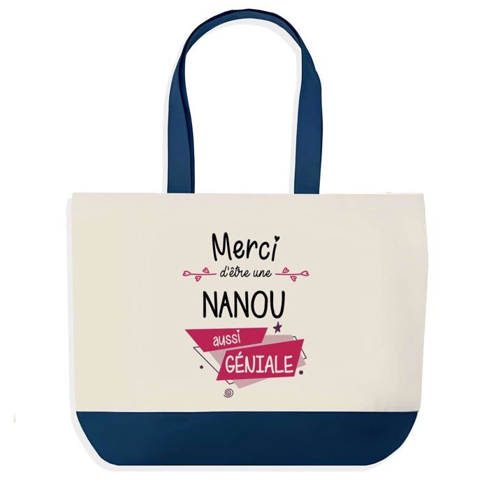 Tote bag - PLANETEE - Sac shopping fond bleu Merci Nanou Géniale - Bleu - Coton - 40 x 45 cm