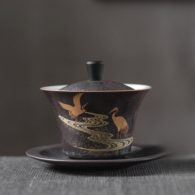 Black Ceramic Covered Bowl Golden Branch Jade Leaf Rough Ceramic Sancai Bowl Retro Tea Bowl Household Ceramic Kung Fu Tea Set 200ml