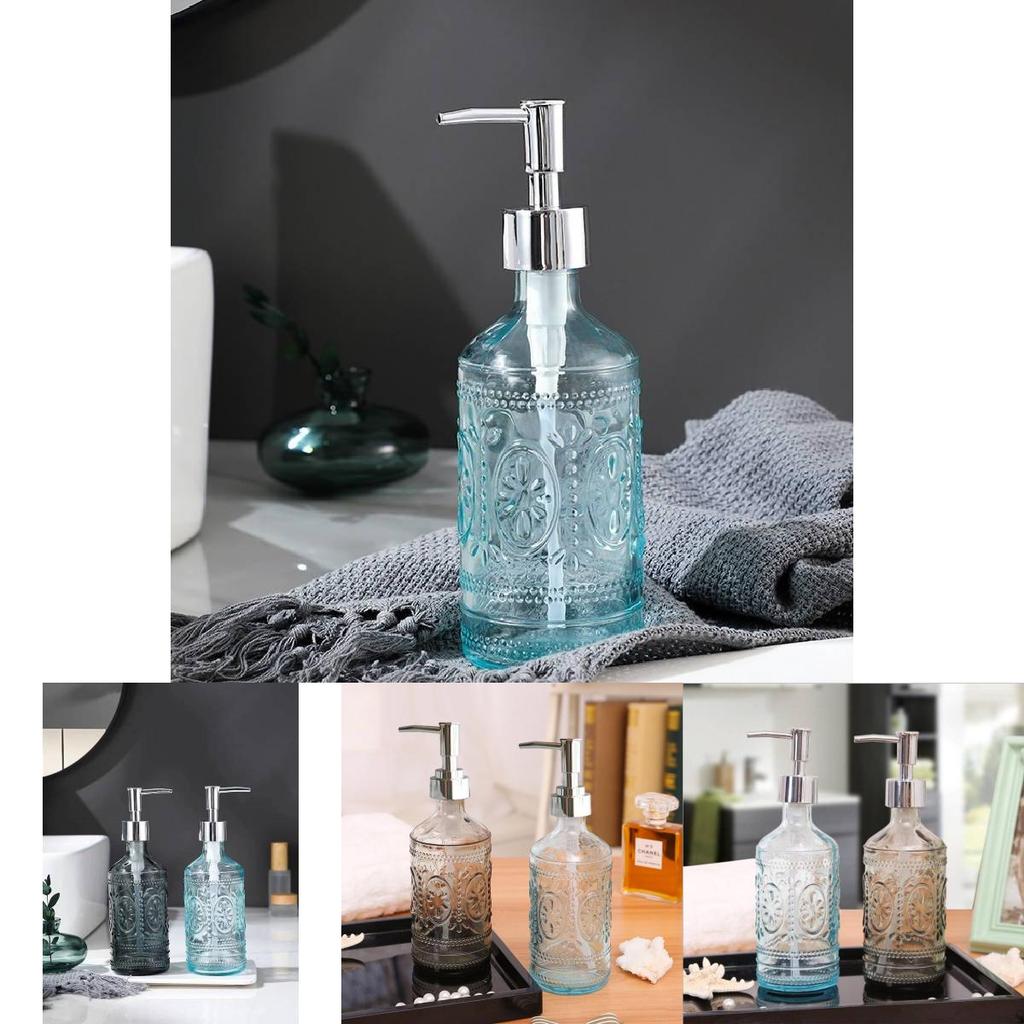Stylish Blue And Gray Glass Soap Dispenser 420ml Square Bottle For Lotion And Liquid Soap