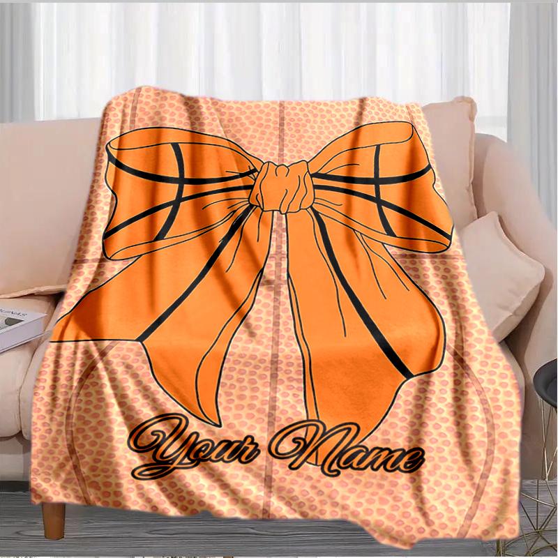 1PC Custom Name Basketball Bow Flannel Blankets Patterns Throw Blanket All-Season Soft Gift for Couch, Bed, Camping Gifts