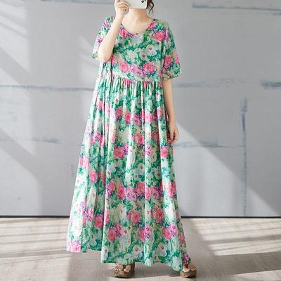 Short Sleeve Plus Size Cotton Vintage Floral New In Dresses for Women Casual Loose Long Summer Dress