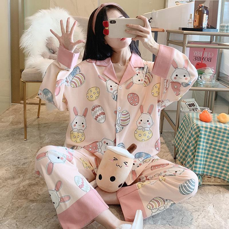 Spring and Autumn New High-end Imitation Cotton Pajamas Women's Summer Long-sleeved Trousers Set Women's Loose Large-size Loungewear