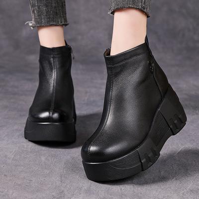 Mode GKTINOO Handgefertigt Echtes Leder Winter Warm Damenstiefel Runde Zehe Retro Dicksohlige Keile Stiefeletten Hohe Absätze Stiefel