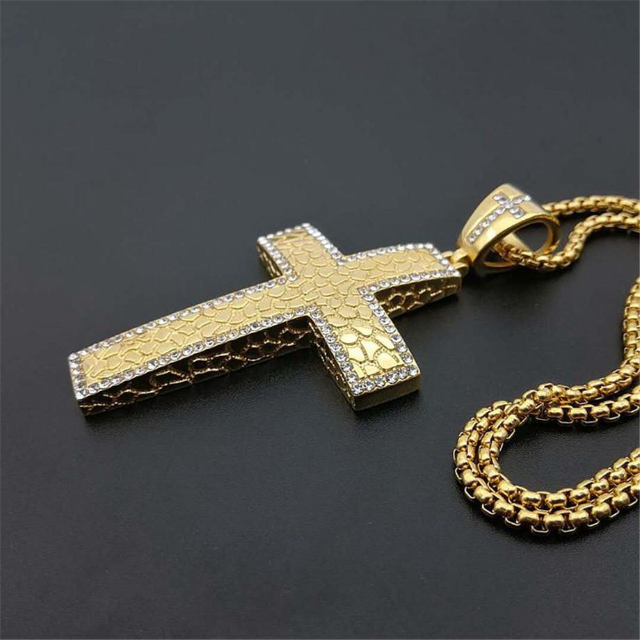Iced Out CZ Large Big Cross Pendant With Chain Gold Color Stainless Steel Men Necklace Hip Hop Bling Bling Jewelry N1492