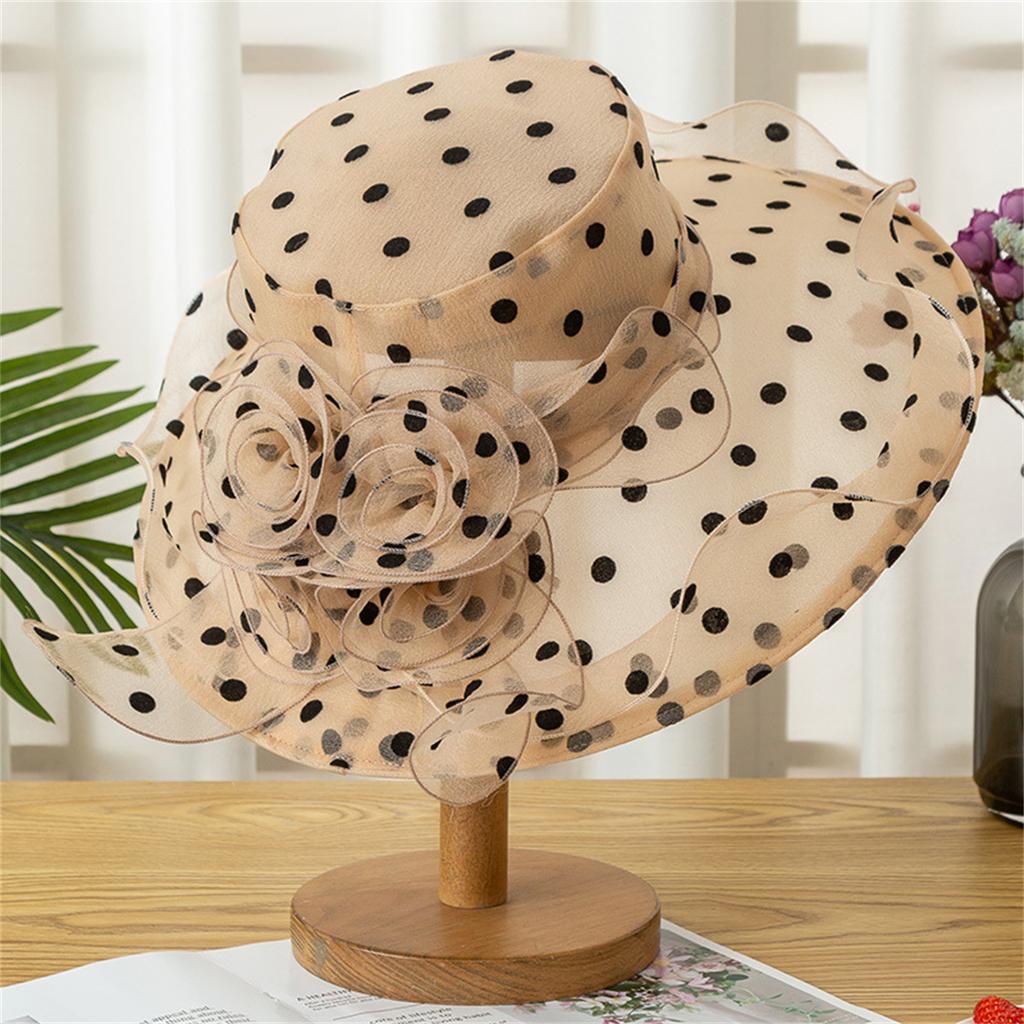 Dames Elegante Stippen Brede Rand Strand Zon Hoed Jurk Kerk Bruiloft Thee Feest Organza Hoeden