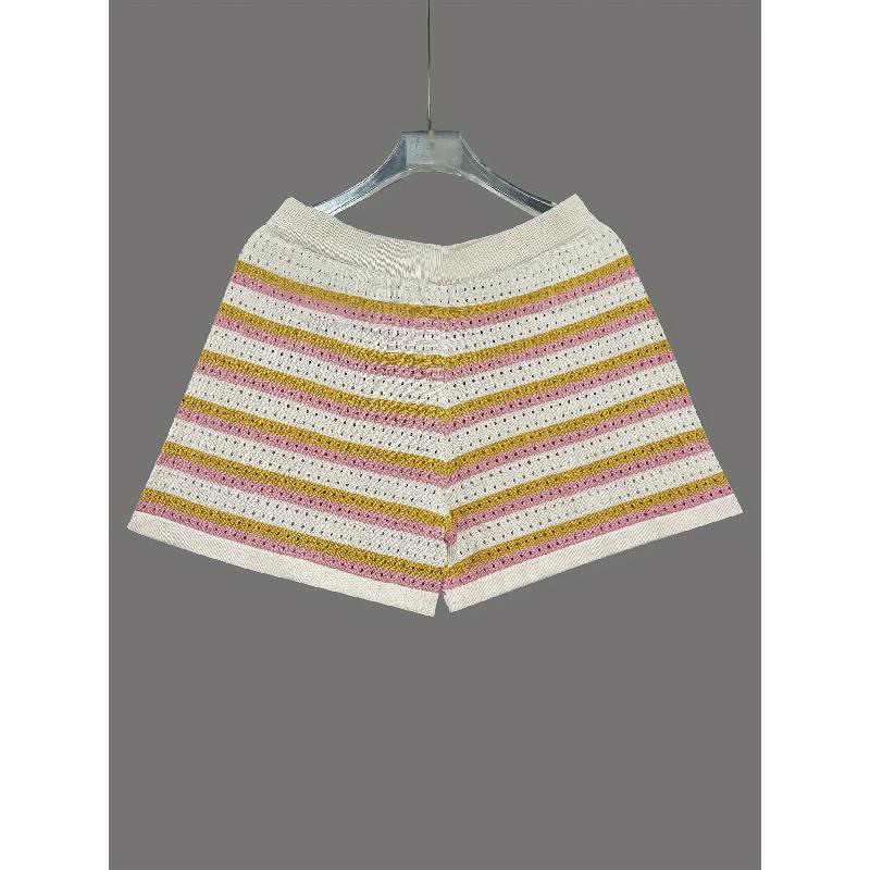 New Spring/Summer Women's Knit Color-Block Turn-Down Collar Striped Short-Sleeve Shorts Set