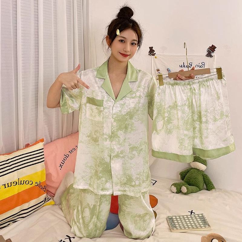 Simulation Silk Three-Piece Set Irregular Printing Lapel Short-Sleeved Loungewear Can Be Worn Outside Pajamas Women