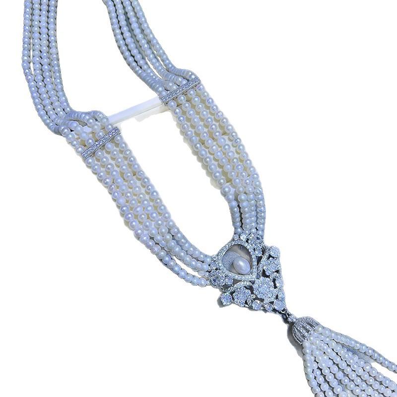Pre-owned Multi-layer Pearl Pendant Tassel Necklace with Zircon Inlay.