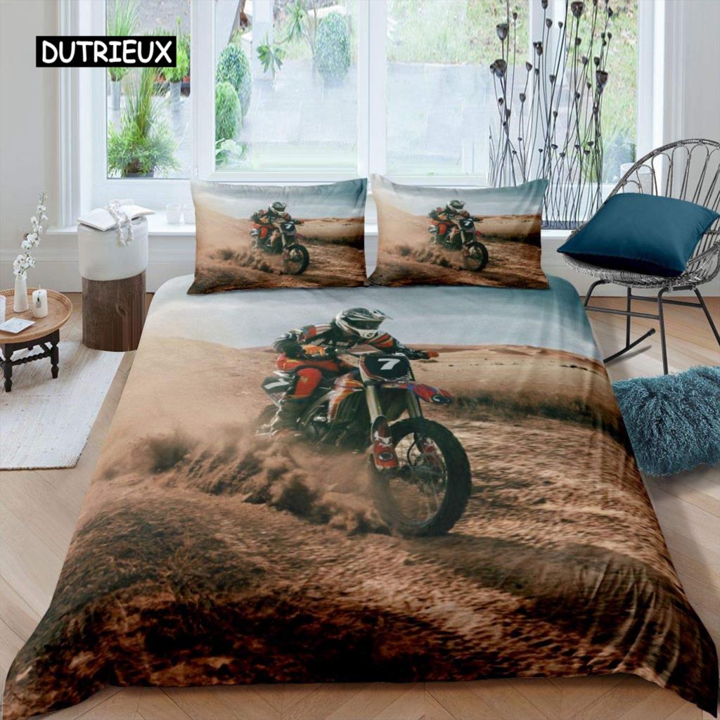 3D Motocross Rider Duvet Cover Set Microfiber Red Black Dirt Bike Extreme Sports Theme Motorcycle Pattern Bedding Set King Size