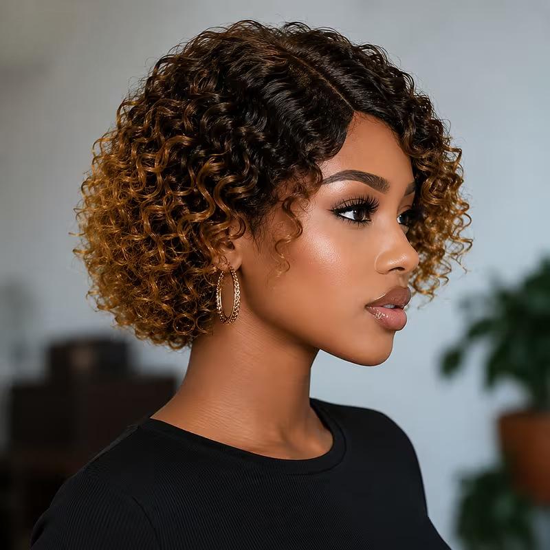 Women Short Curly Wigs With Bangs Stylish Synthetic Golden Brown Natural Hair Daily Party Costume Use Heat Resistant Fibre