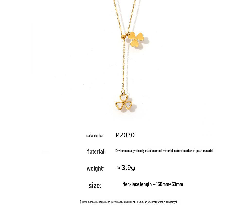 Qiong Yao Luxe Stainless Steel Mother-of-Pearl Clover Heart Necklace with Adjustable Gold PVD Coating