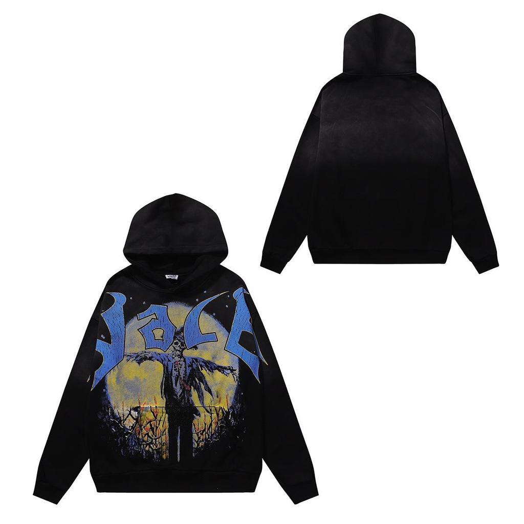 Unisex Retro Print Distressed Zipper Hoodie - Loose Fit, High Street American Style