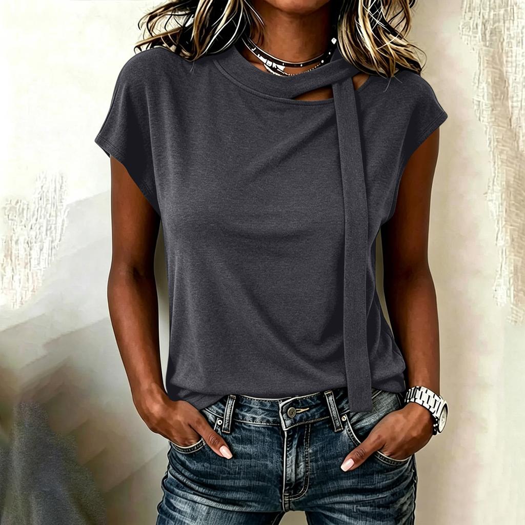 Damen Freizeit Ärmelloses Tanktop Rundhalsausschnitt Krawatten-Detail Sommerbluse Leichter Weicher Stoff Entspannte Passform