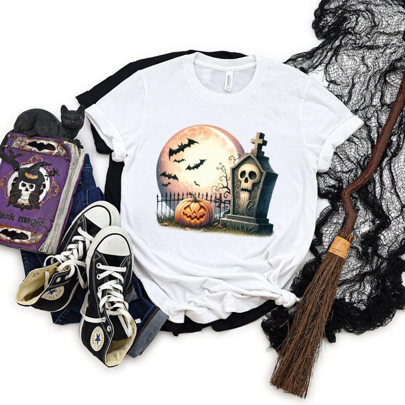 Pumpkin Skeleton Horror Halloween Tshirt Women Spooky Season Shirt Horror Pumpkin Graphic T Shirts Women Skeleton Halloween Top S