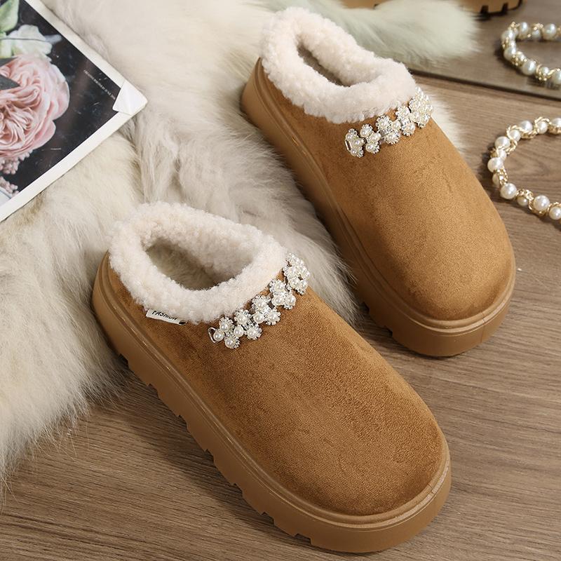 Fashion Pearls Decor Cotton Platform Slippers Women Autumn Winter Plush Warm Cotton Shoes Woman Plus Size Anti Slip Snow Boots Female