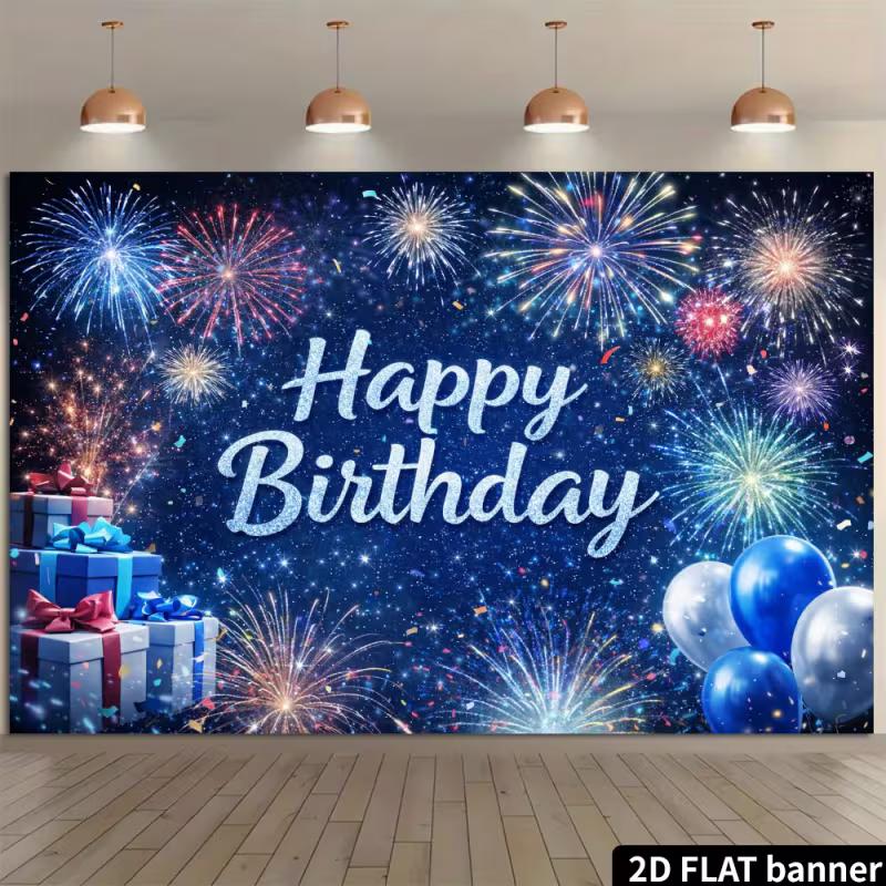 

2D Night Sky Firework Happy Birthday Backdrop Gift Box & Balloon Party Background 47.2x31.5inch/120*80cm