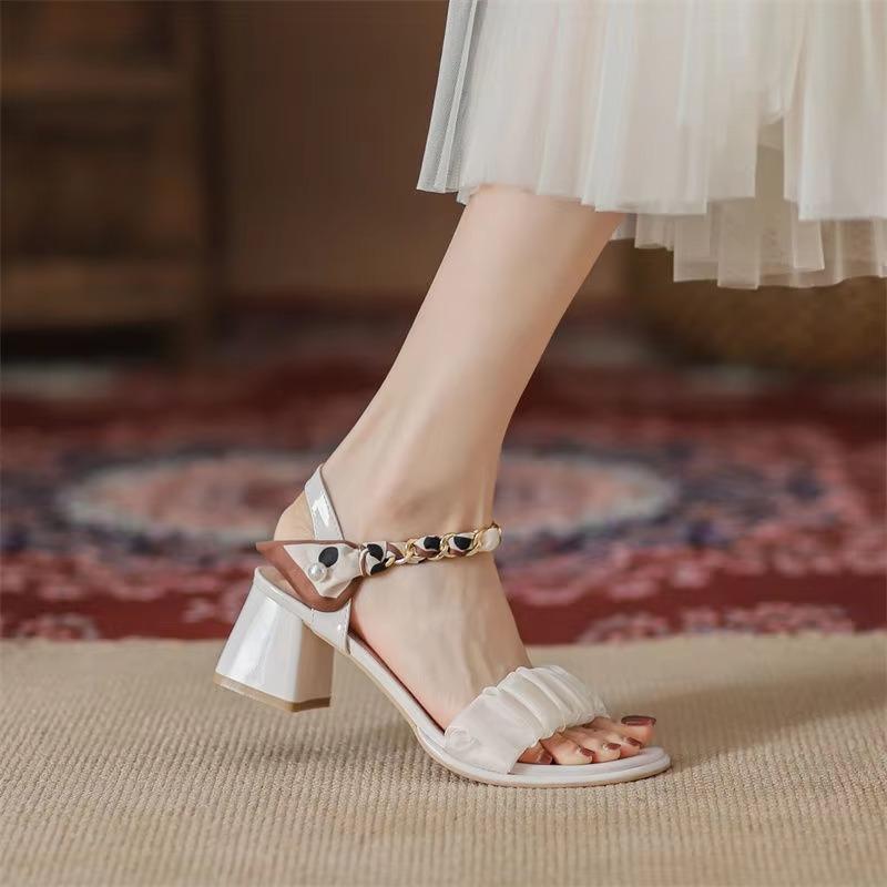 Fashion High Heeled Slippers Women’s Summer Versatile Thick-Heeled Medium-Heeled Fashion Women's High Heeled Shoes Sandals Women Shoes