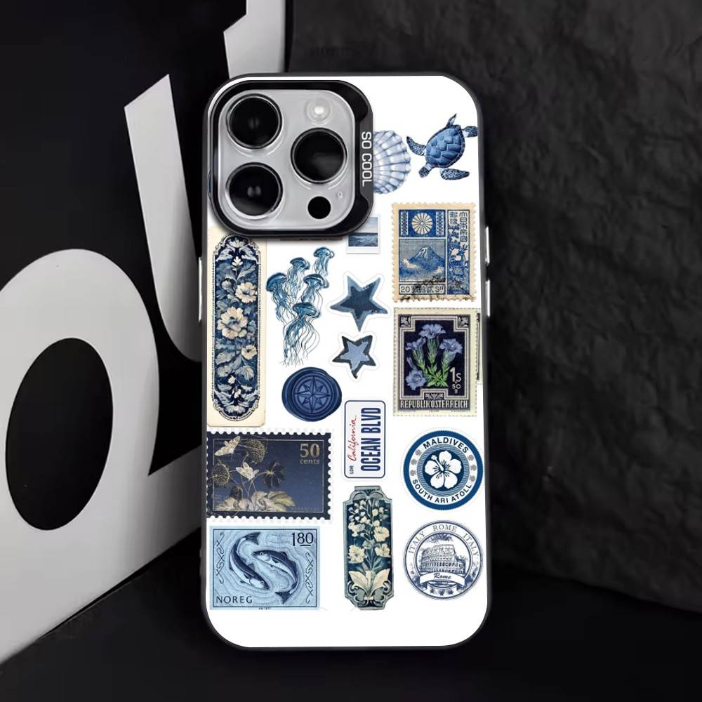 Retro Stamp   Phone Case For iPhone 17,16,15,14,13,12,11 Plus,Pro Max,XS,Colored Silver Plated Inside Cover