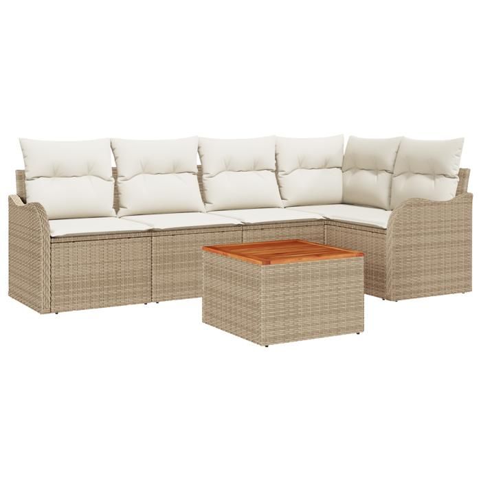 Ensemble de canapé de jardin 6 pièces avec coussins beige poly rattan acacia, Canapé de jardin 2 places avec rangement 3356125
